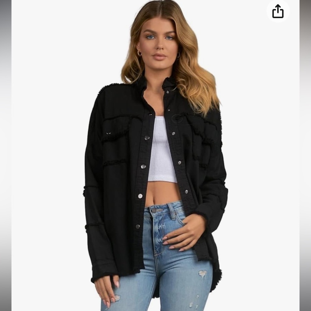 ELAN Women’s “ALL YOU NEED IS LOVE” Distressed Shirt Jacket in black size large